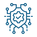 Blaues Symbol mit stilisiertem Schild und Häkchen, steht für Cybersicherheit und Datenschutz.