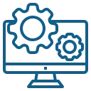Symbolgrafik eines Computerbildschirms mit Zahnrädern für IT-Systeme und Webentwicklung.